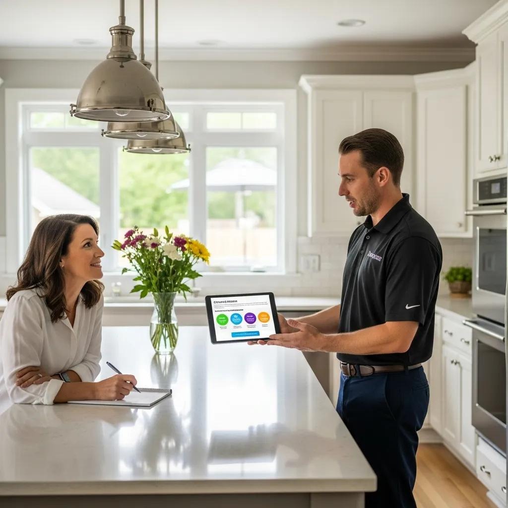 Homeowner consulting with contractor about California HVAC rebate programs in a bright kitchen