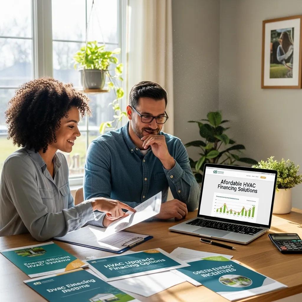 Couple reviewing financing options for HVAC upgrades at a dining table with documents and laptop
