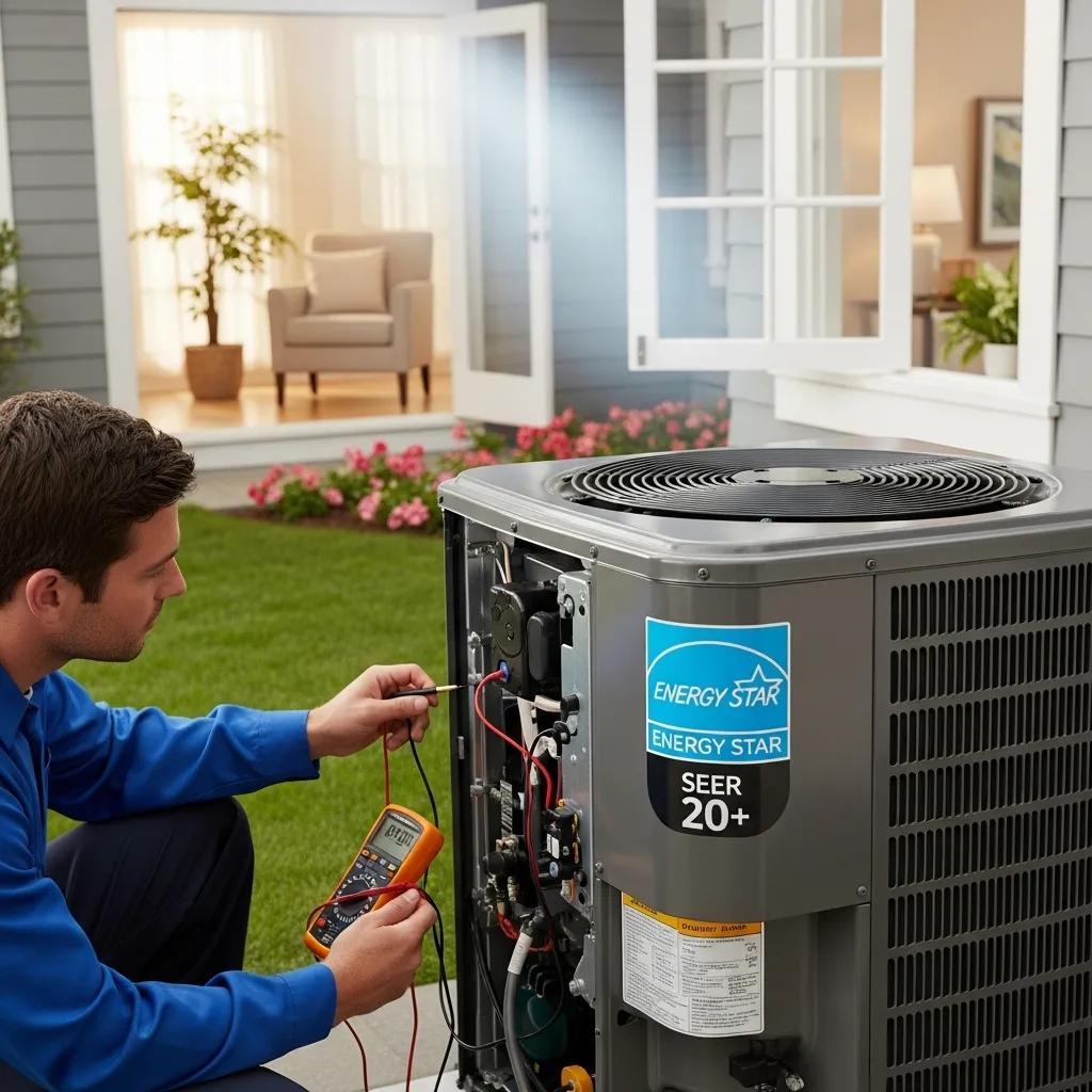 HVAC system highlighting energy efficiency with technician inspecting components