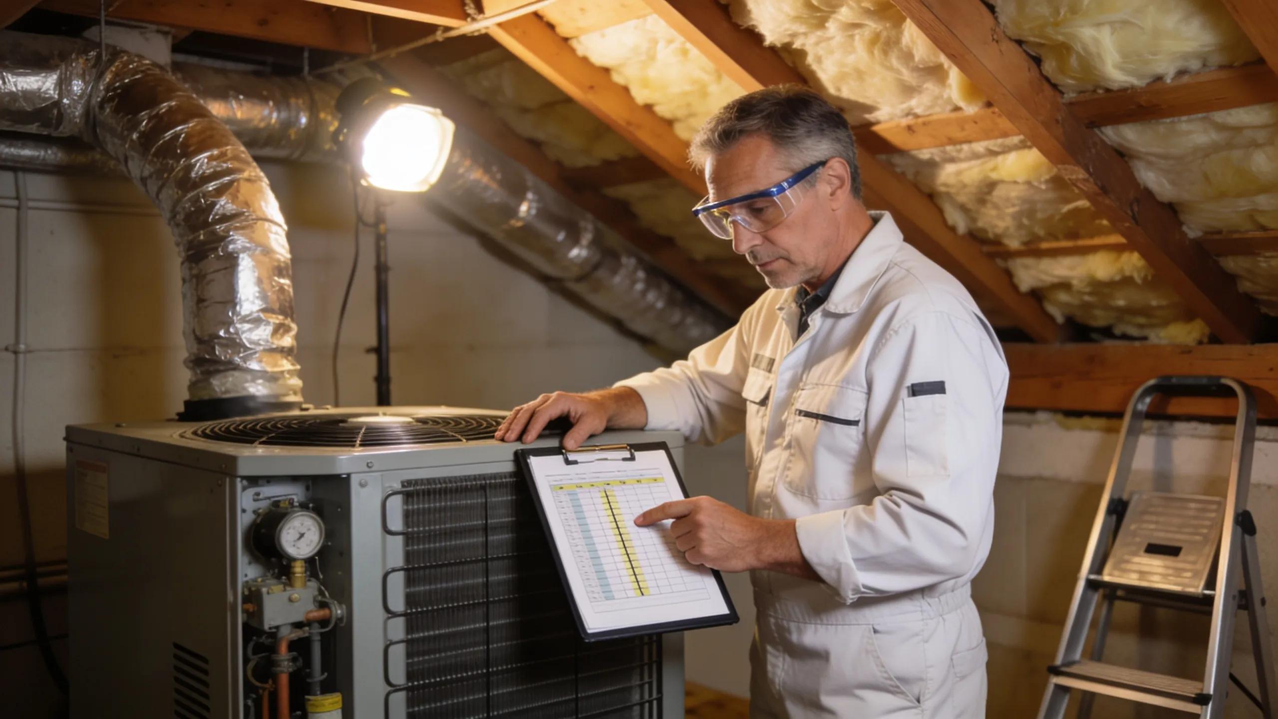 Professional HVAC technician assessing home system for accurate sizing and installation.