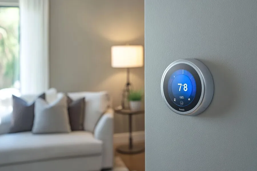 AC thermostat placed in the wall of a room