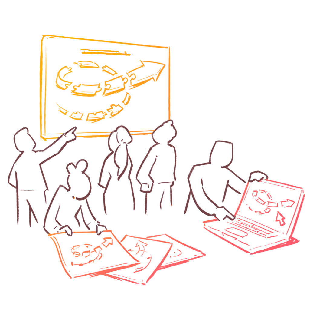 Een getekende weergave van een groep personen die een praatplaat bekijken. De praatplaat wordt bekeken aan de wand, op papier en op een laptop.