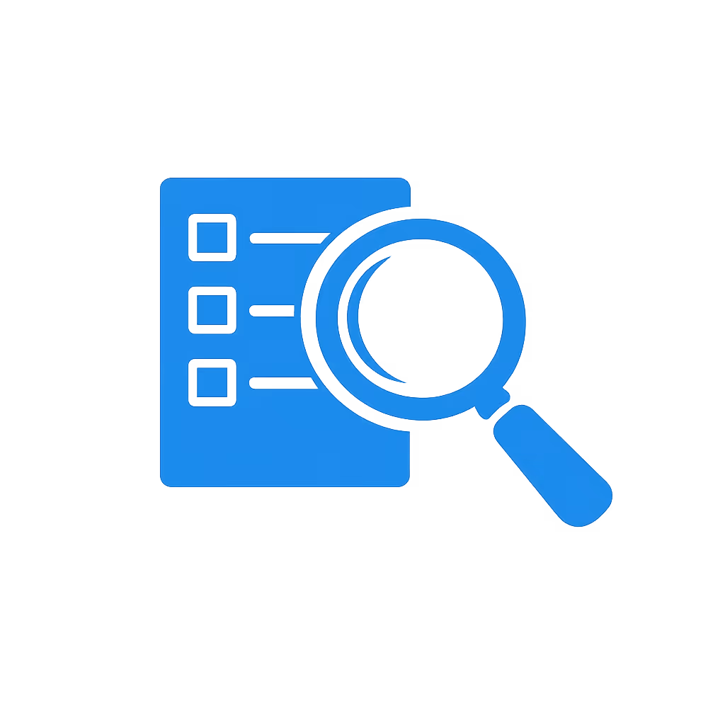 Blue icon of a document with bullet points and a magnifying glass overlapping it for finding genetic tests for animals