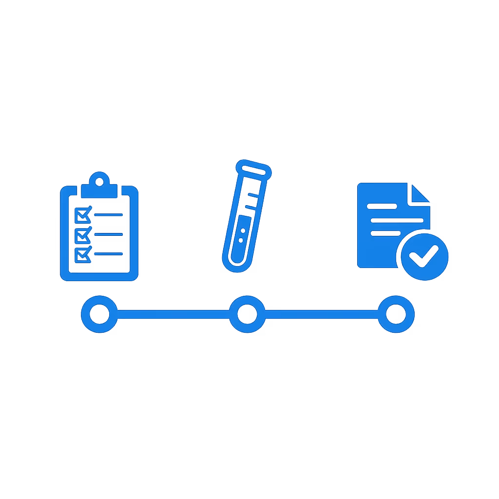 Horizontal progress timeline with three icons: a checklist clipboard, a veterinary test tube, and veterinary test results for genetic testing for dogs