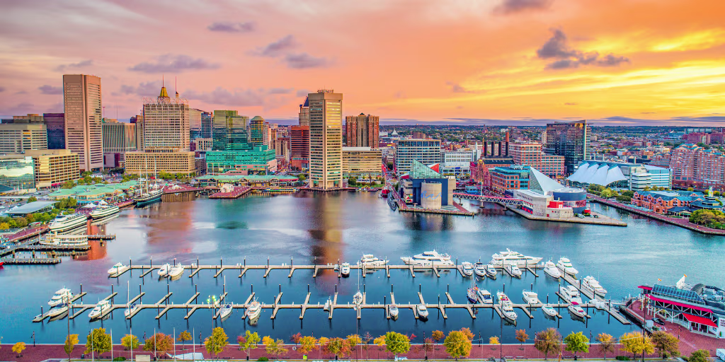 A panoramic view of Maryland’s National Harbor waterfront, location of the 2025 Intelligence and National Security Summit.