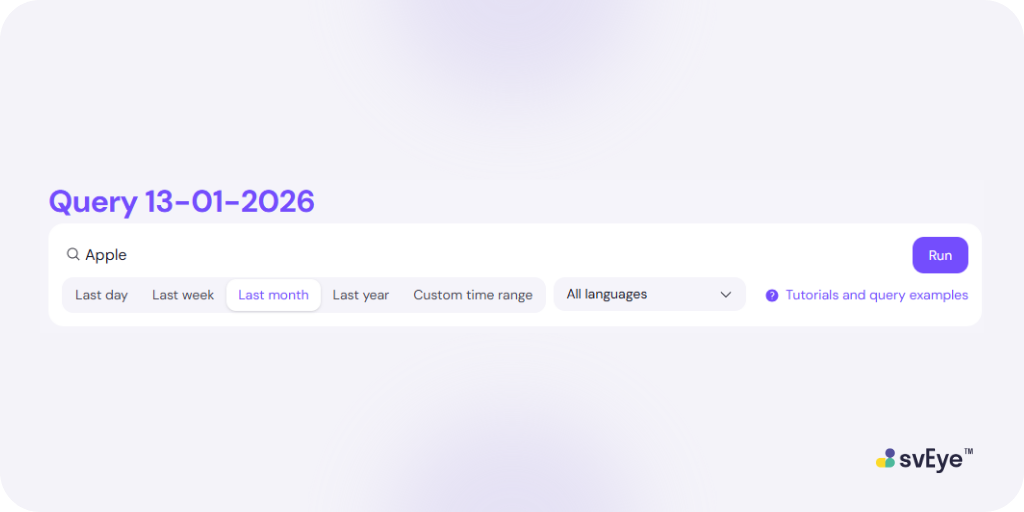 The svEye search interface displaying the keyword 'Apple' typed into the search bar, with the 'Last month' time filter selected and the 'Run' button visible
