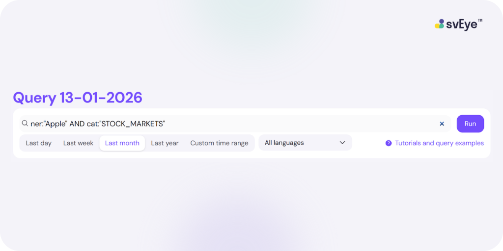 The main search bar displaying a constructed query that combines an entity and a category using boolean logic: 'ner:"Apple" AND cat:"STOCK_MARKETS"'.