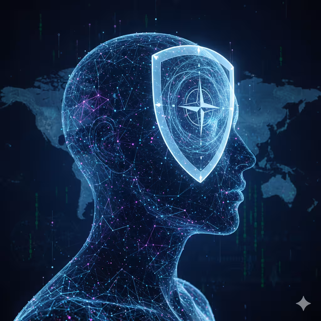 A cinematic, high-tech conceptual image representing Cognitive Warfare and Defense.