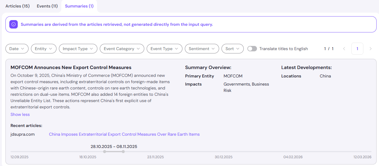 svEye Article Search Summaries tab illustrating a narrative event life cycle, featuring an overview of export control measures and a timeline of related news publications.