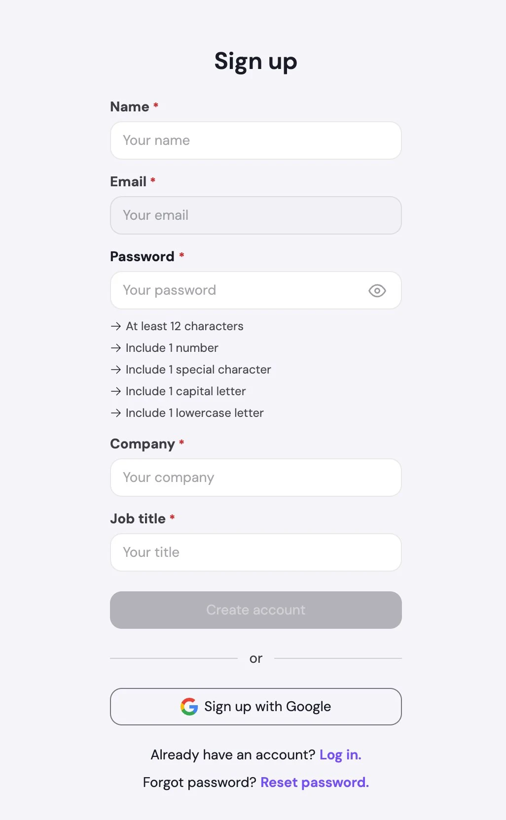 svEye sign-up form with password requirements
