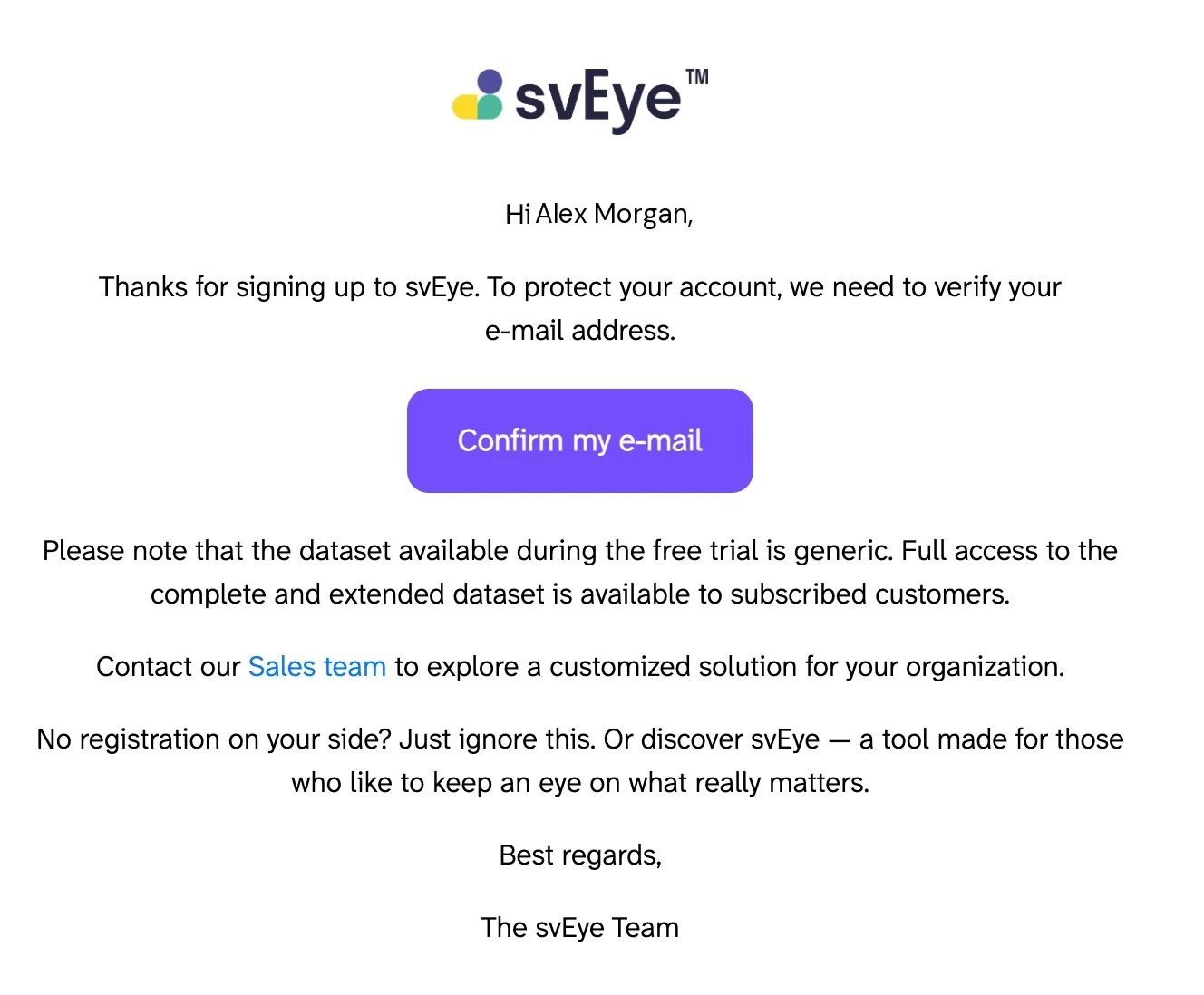 svEye confirmation e-mail