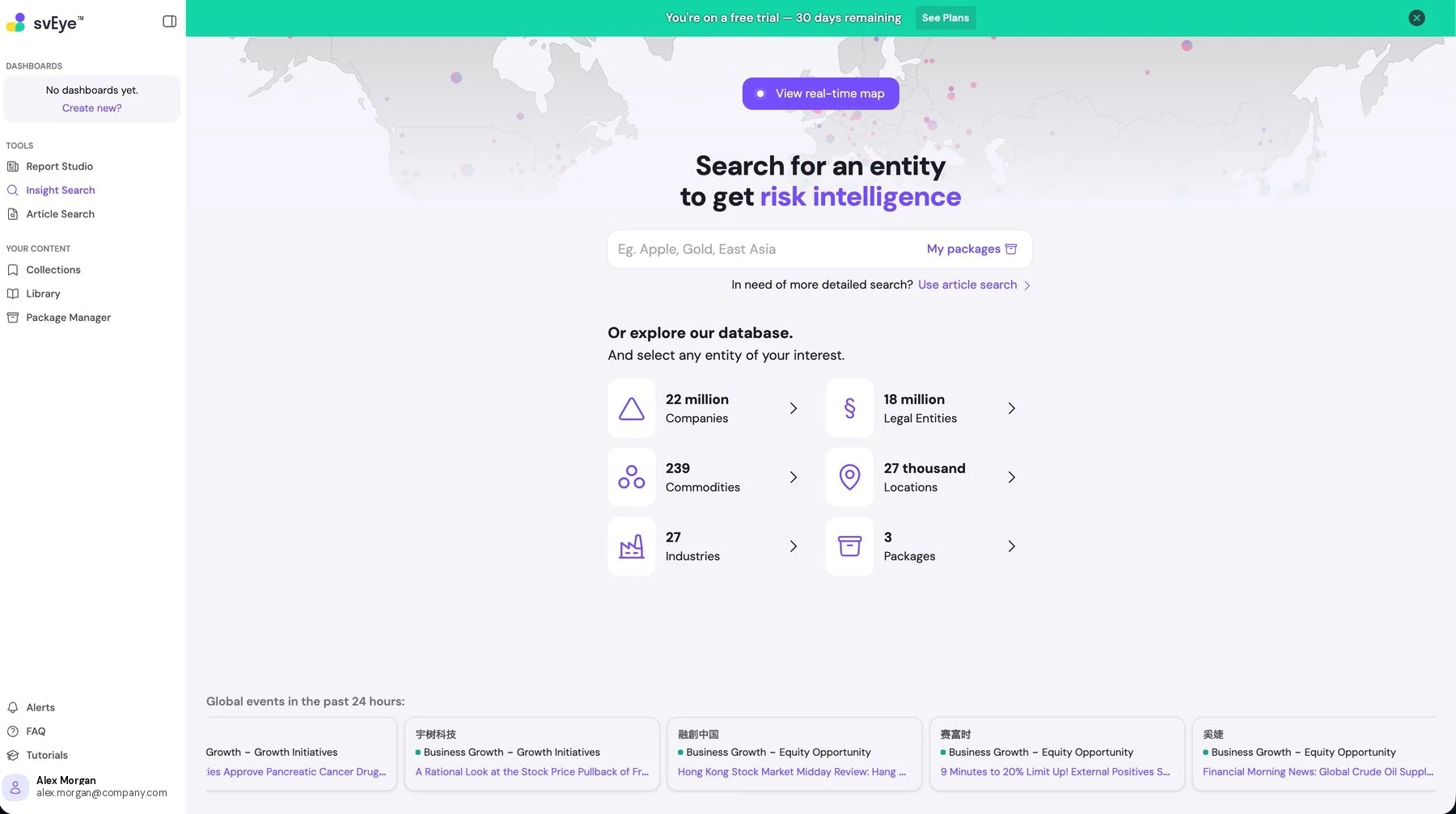 svEye home page with the navigation sidebar and numbered areas