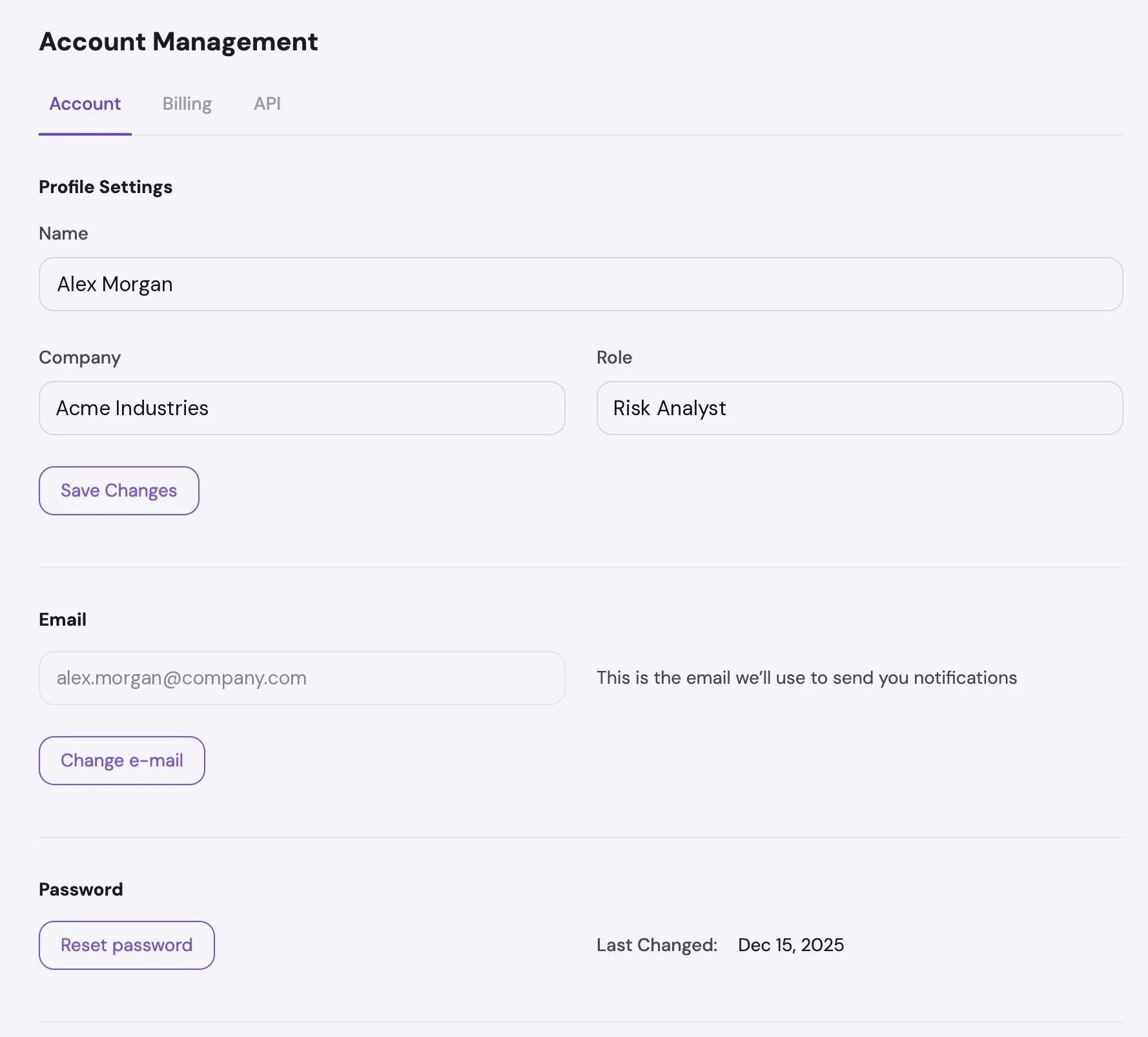 svEye Account Management, upper section of the Account tab