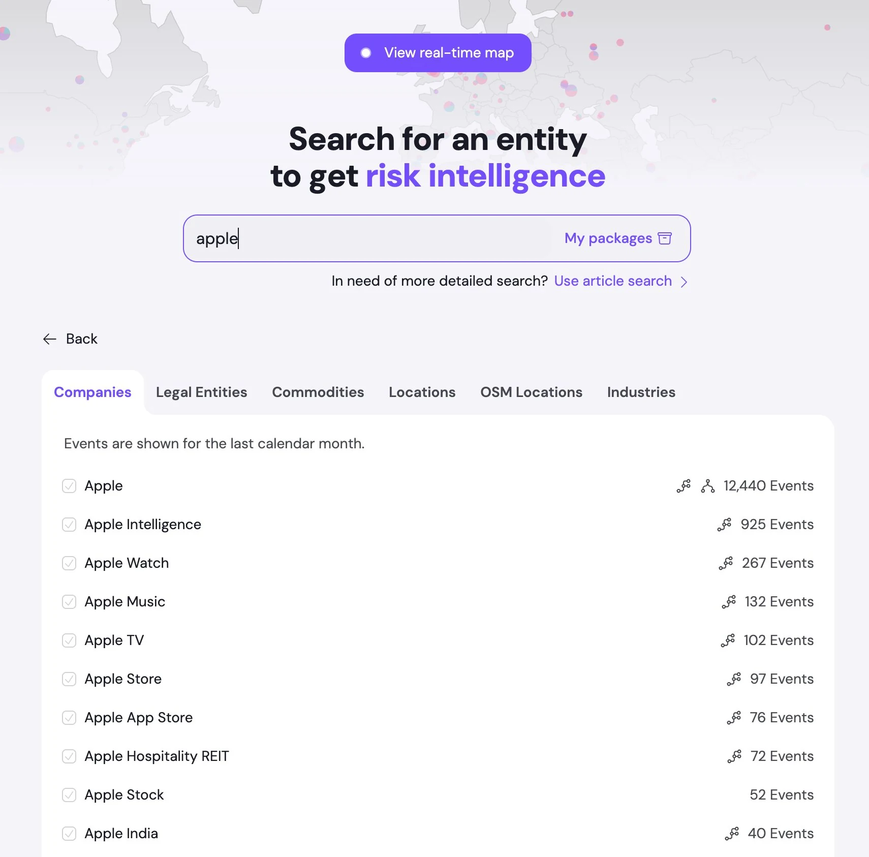 svEye entity search results on the Companies tab, sorted by event volume