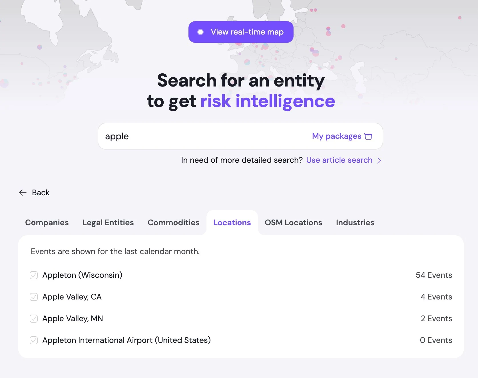 The same search term on the svEye Locations tab