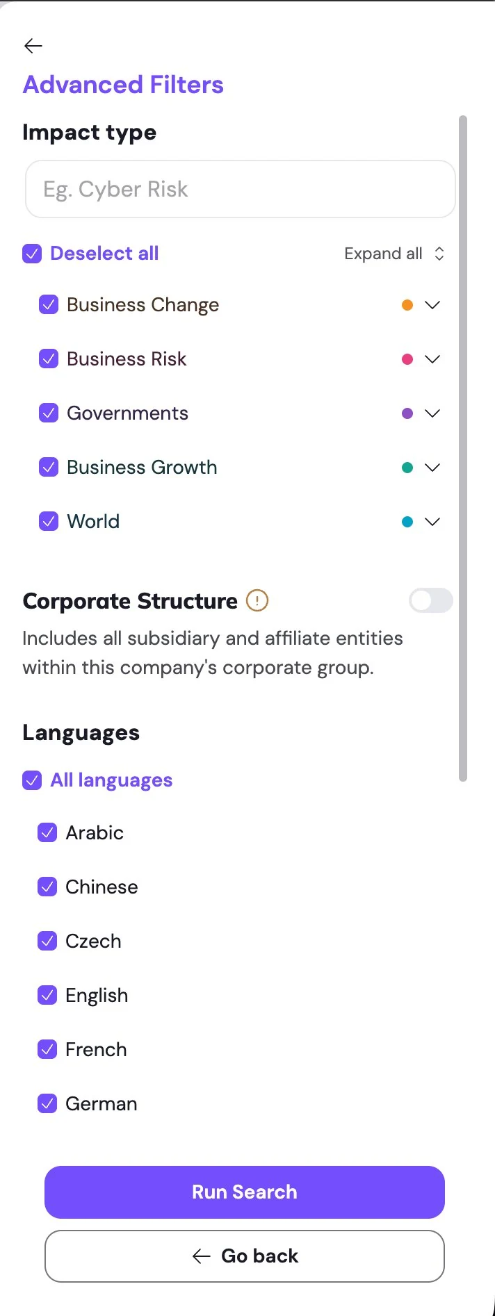 svEye advanced filters: impact type, corporate structure and languages