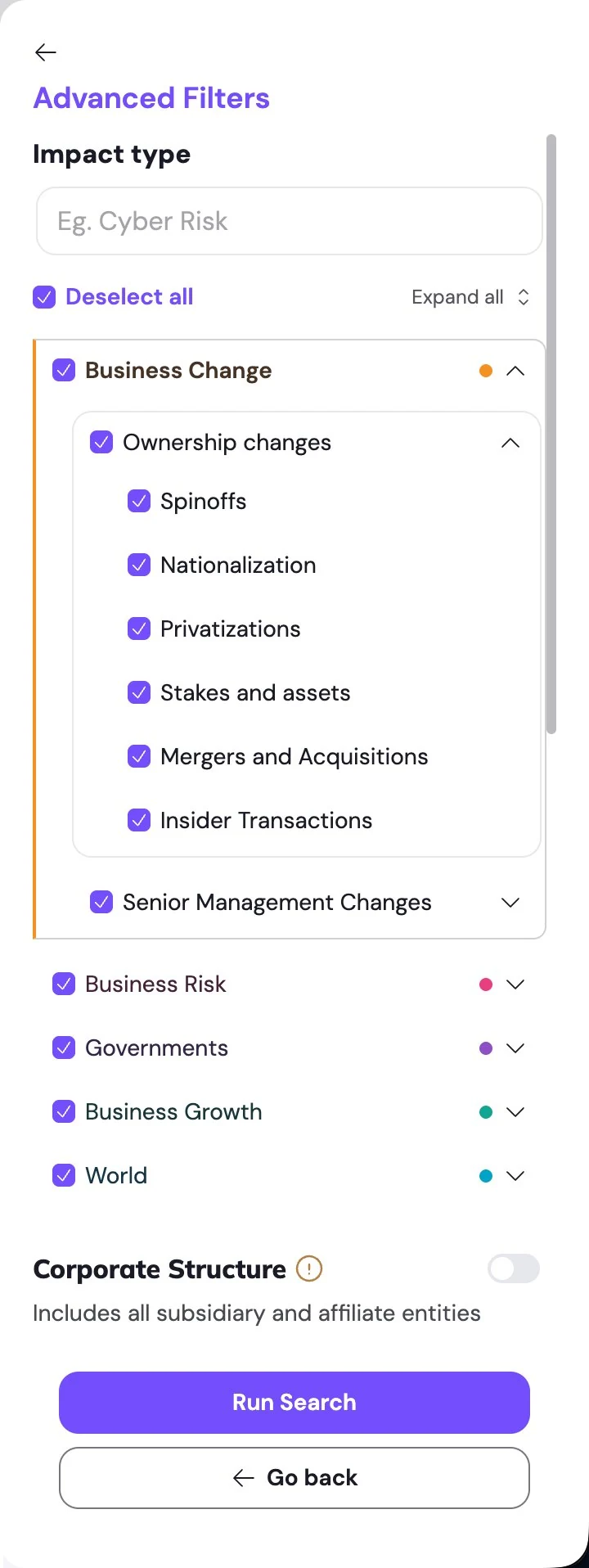 svEye impact type tree expanded to event type level