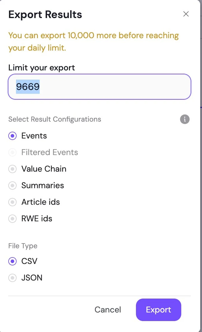 svEye Export Results dialogue with record limit and format