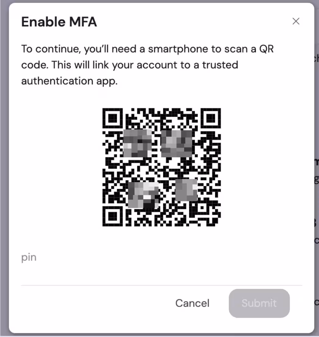 svEye two-factor authentication setup with QR code