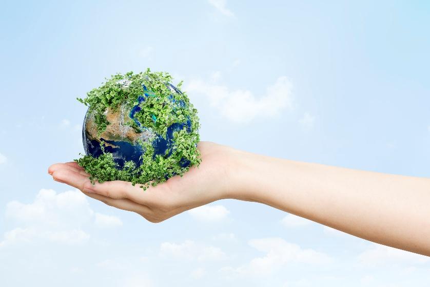 A hand holding a small planet with plants growing on itAI-generated content may be incorrect.