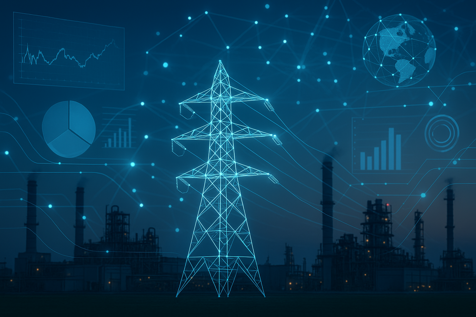 A power line tower with many lightsAI-generated content may be incorrect.