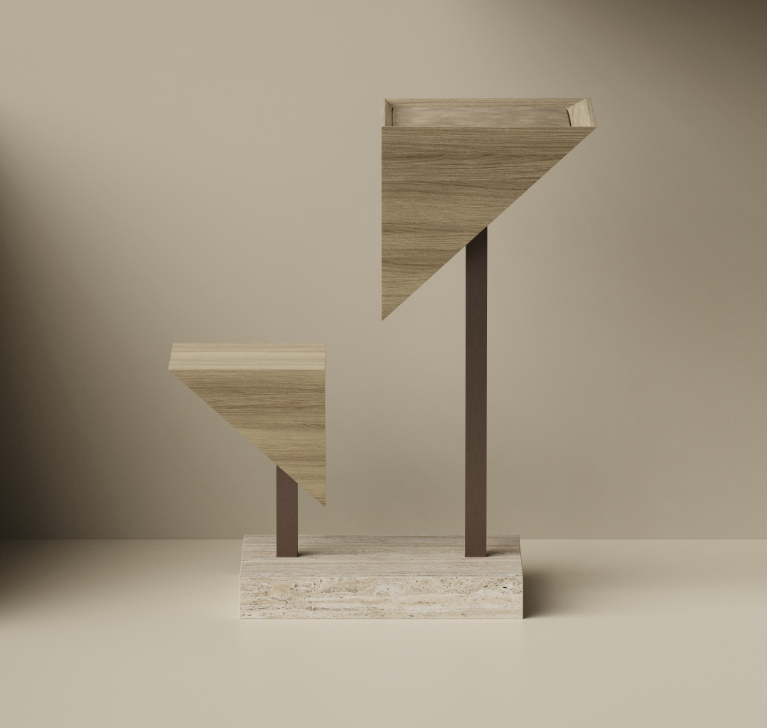 Modern abstract sculpture with two wooden triangular shapes mounted on dark metal rods attached to a stone rectangular base, against a beige background.