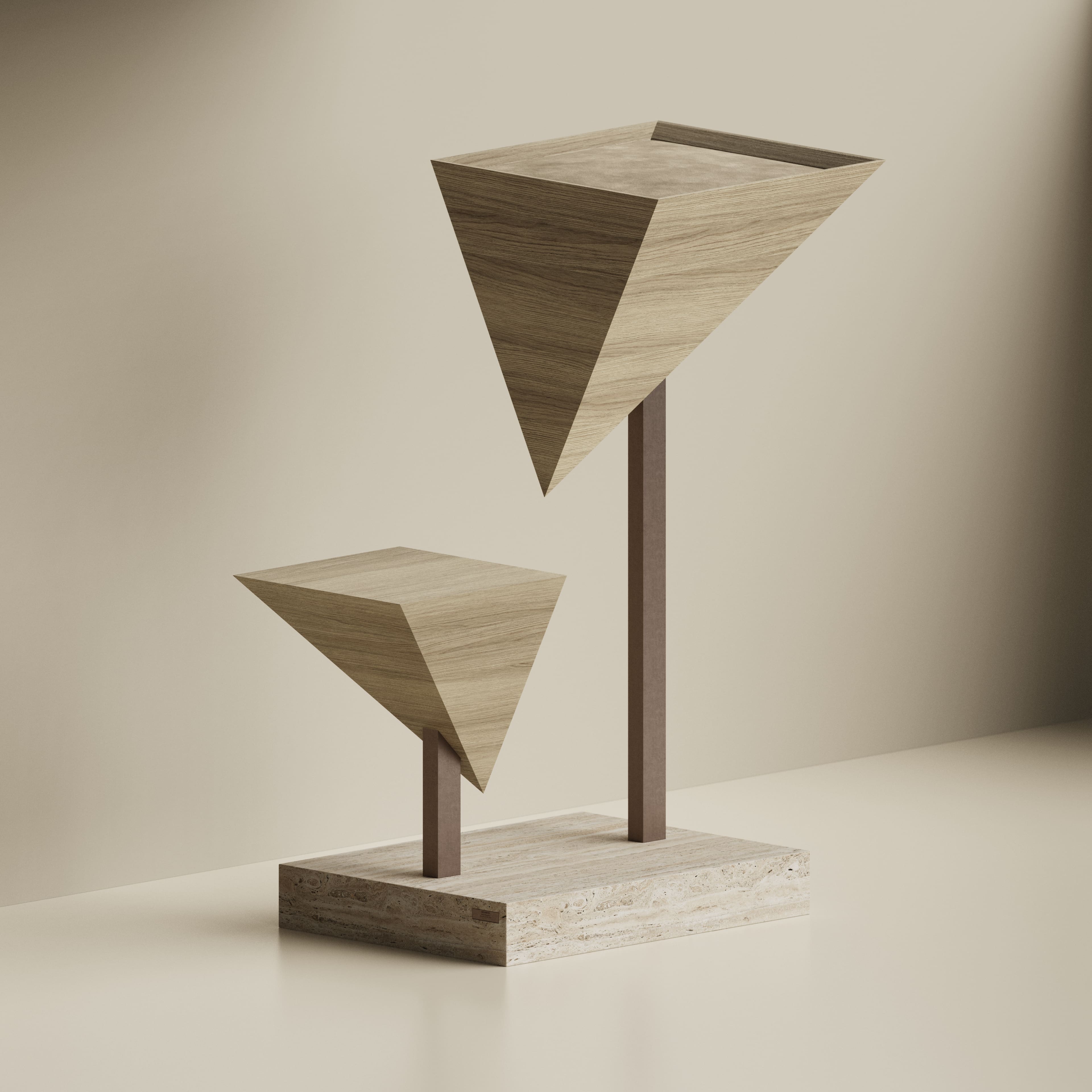 Modern sculpture featuring two inverted wooden pyramids mounted on vertical rods attached to a rectangular stone base.