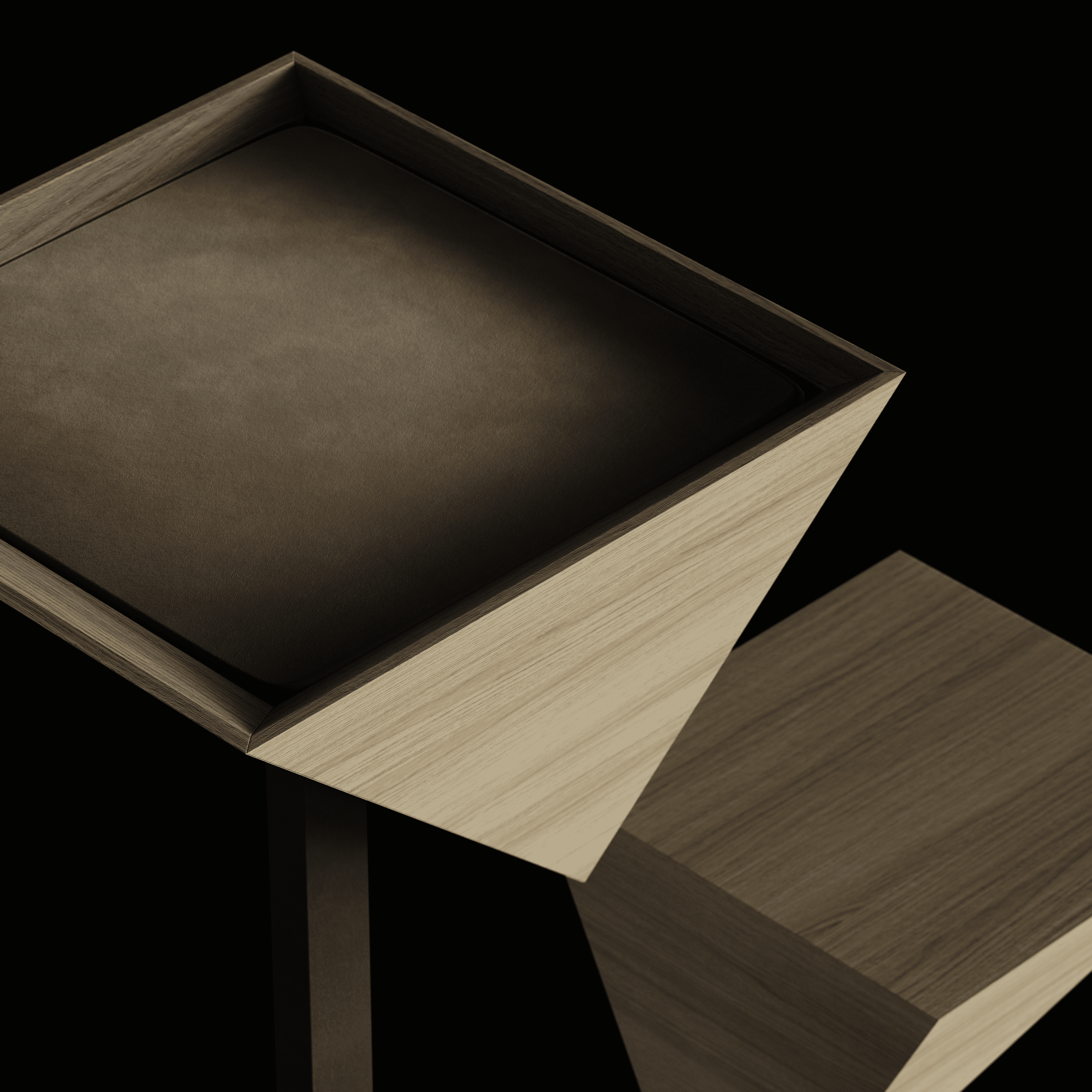 Close-up of modern wooden furniture with a square cushioned seat on angled legs in a dark setting.