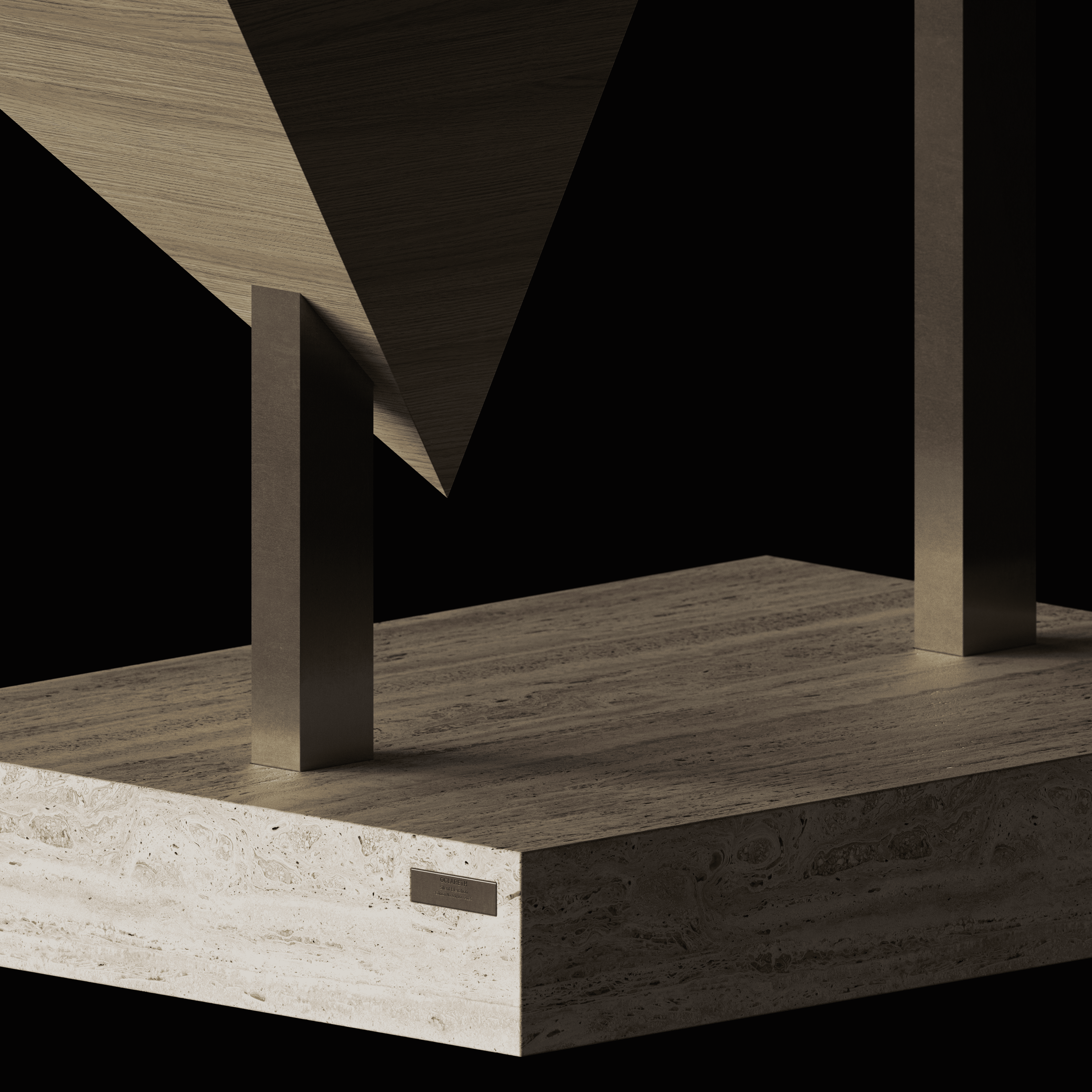 Close-up of a modern sculpture with a beige textured stone base and two upright bronze rectangular supports holding a large angled bronze panel.