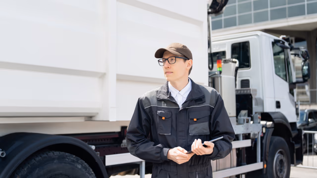 a man in front of a waste management truck