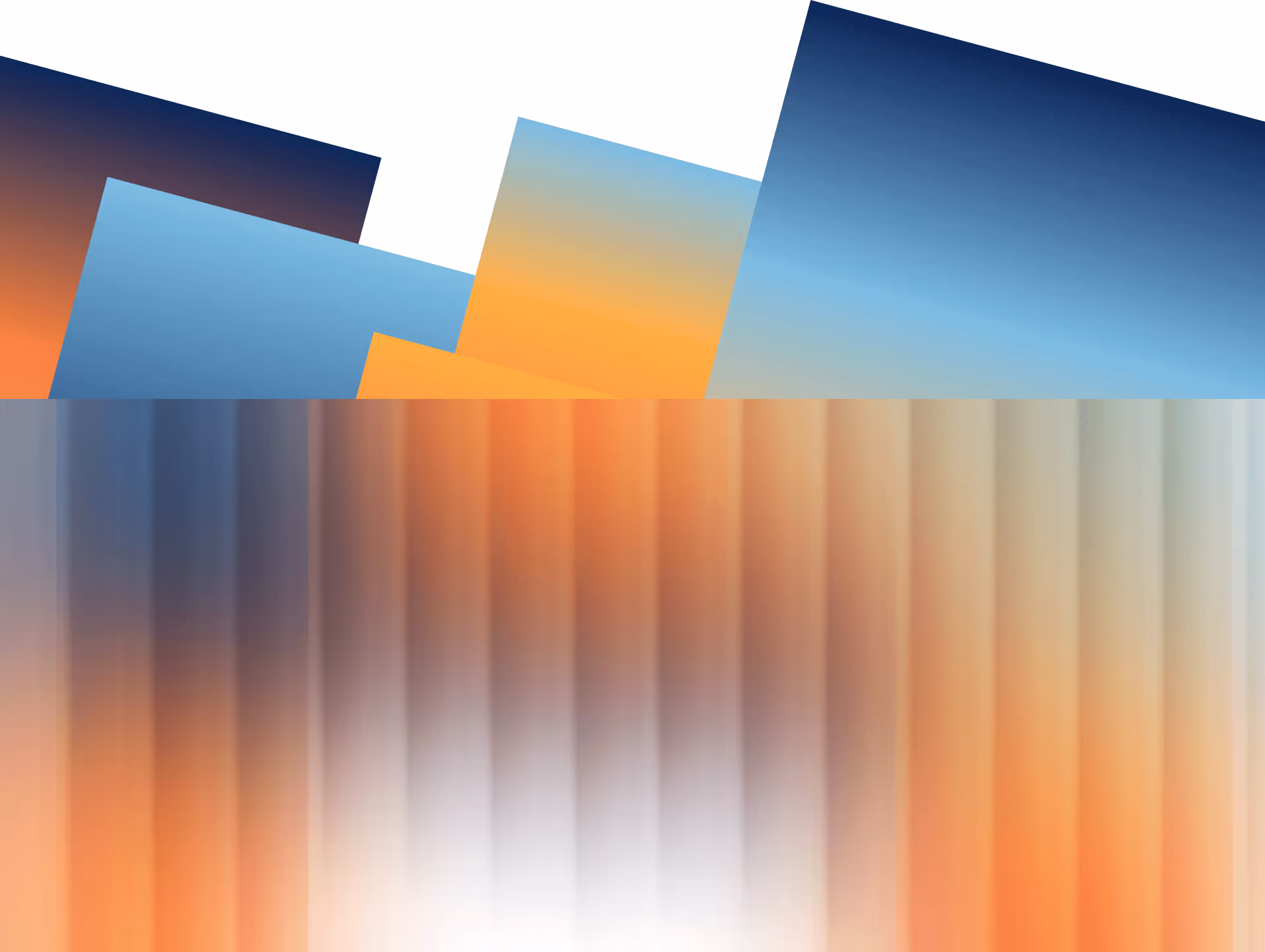 Abstract geometric shapes with gradient colors transitioning from blue to orange, overlaying vertical blurred color bands.