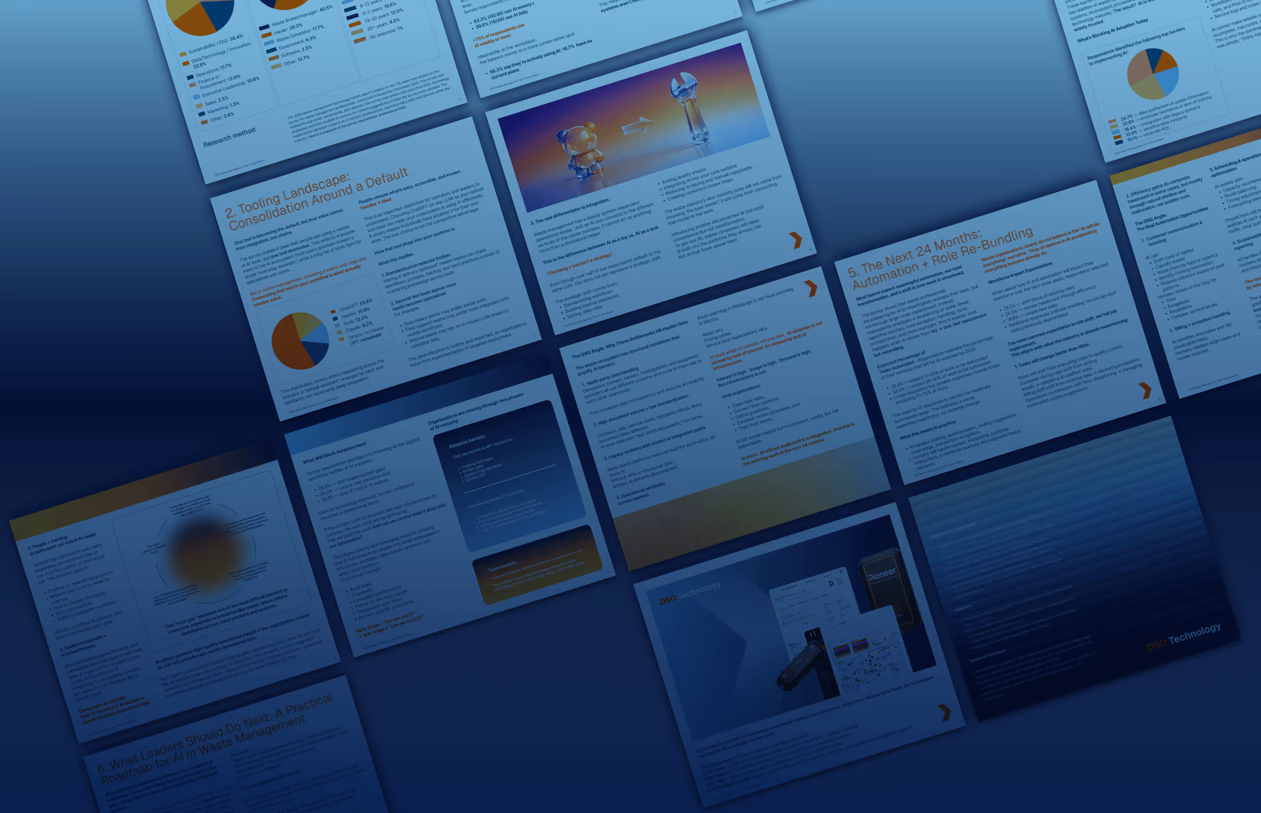 Multiple overlapping infographic slides showing charts, text, and diagrams related to waste management and AI adoption.