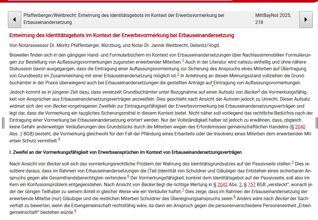 Entwirrung des Identitätsgebots im Kontext der Erwerbsvormerkung bei Erbauseinandersetzung