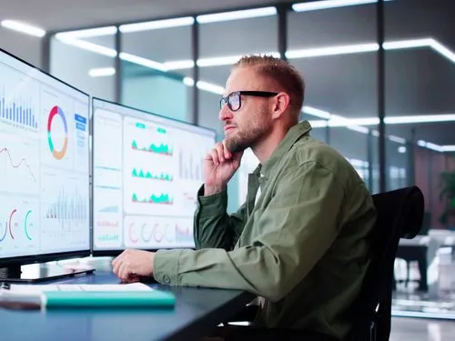 A professional man wearing glasses and a green shirt sits at a modern office desk, analyzing data on multiple large computer screens displaying charts, graphs, and analytics dashboards.