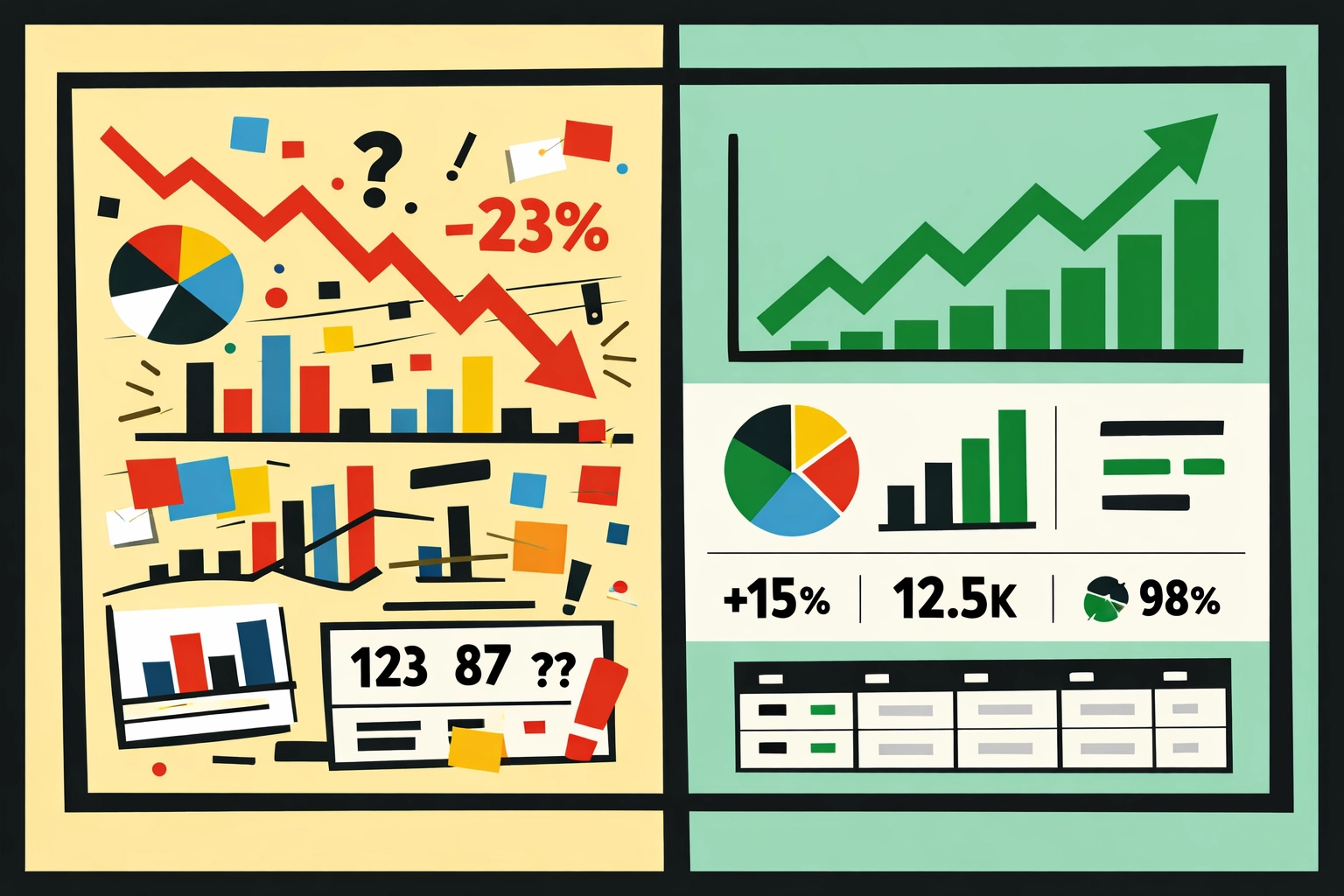 Split dashboard comparison showing declining metrics versus optimized ecommerce campaign performance