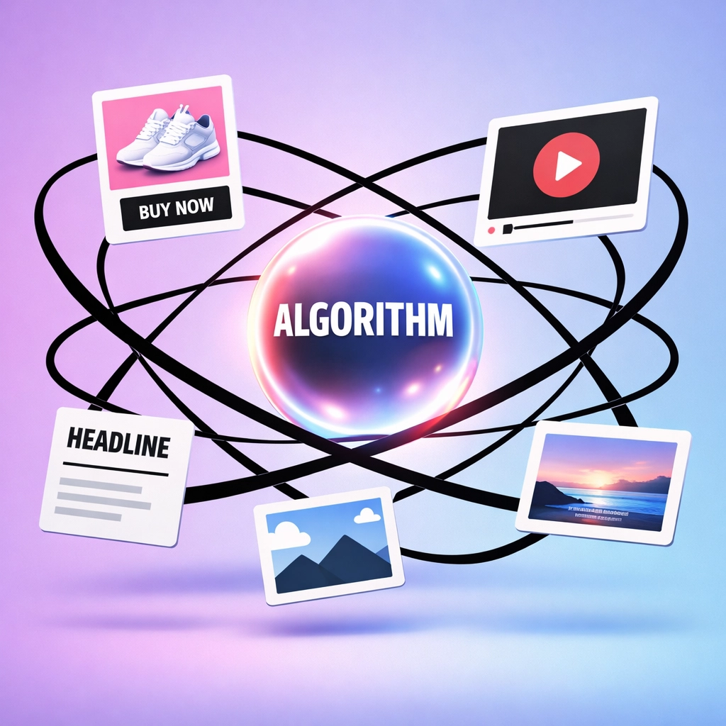 Creative assets and product feeds feeding into Performance Max algorithm optimization system