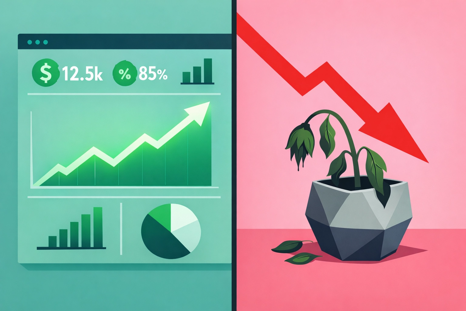 Rising ROAS metrics contrasted with declining business growth illustration