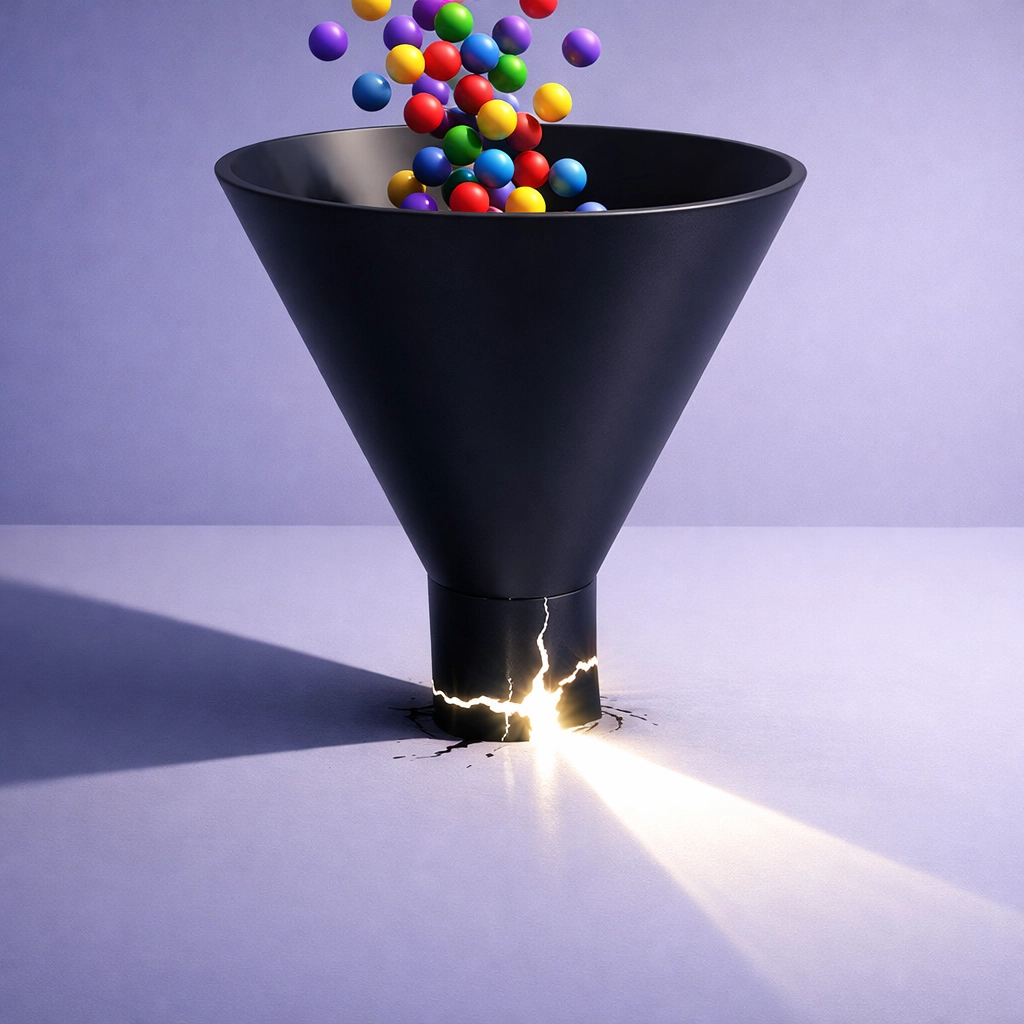 Abstract funnel with a crack showing how digital marketing consultants identify hidden profit leaks.