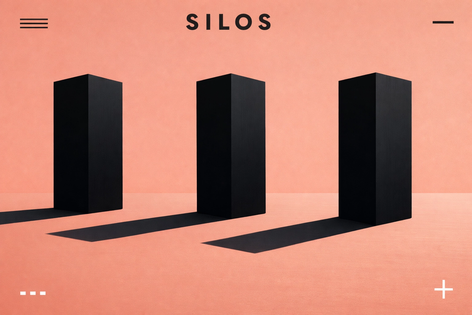 Abstract black monoliths representing disconnected marketing silos in a traditional agency model.