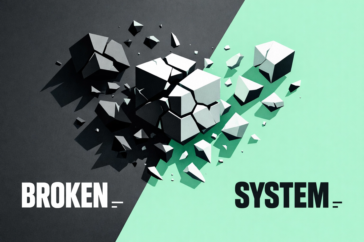 Fragmented geometric shapes symbolizing broken ecommerce systems and siloed marketing data.