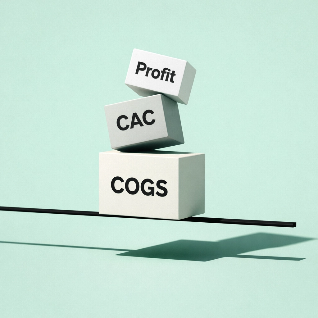 Balanced geometric blocks representing ecommerce unit economics and CAC for Meta Ads scaling.
