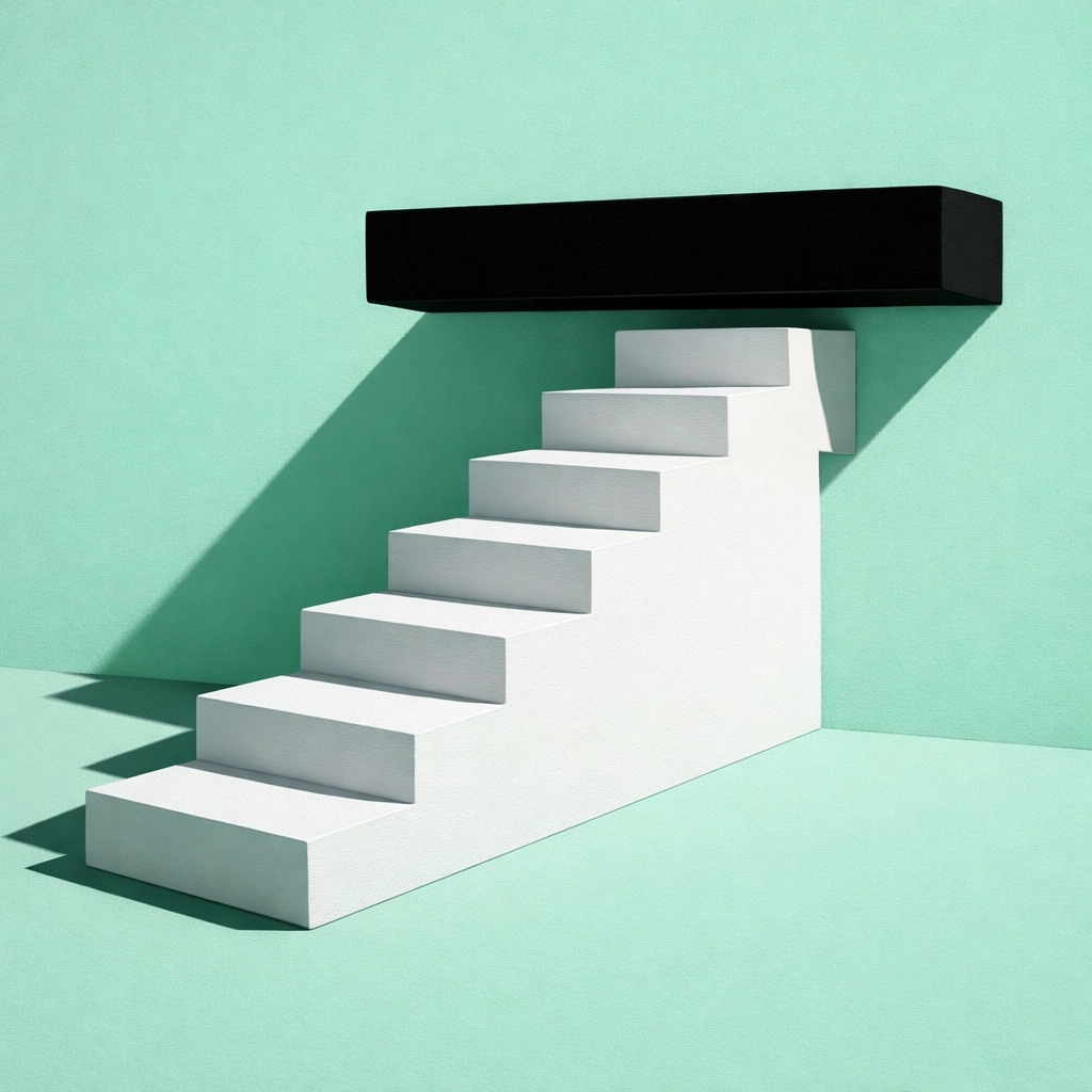 Geometric stairs hitting a barrier representing the scaling ceiling for an ecommerce brand.