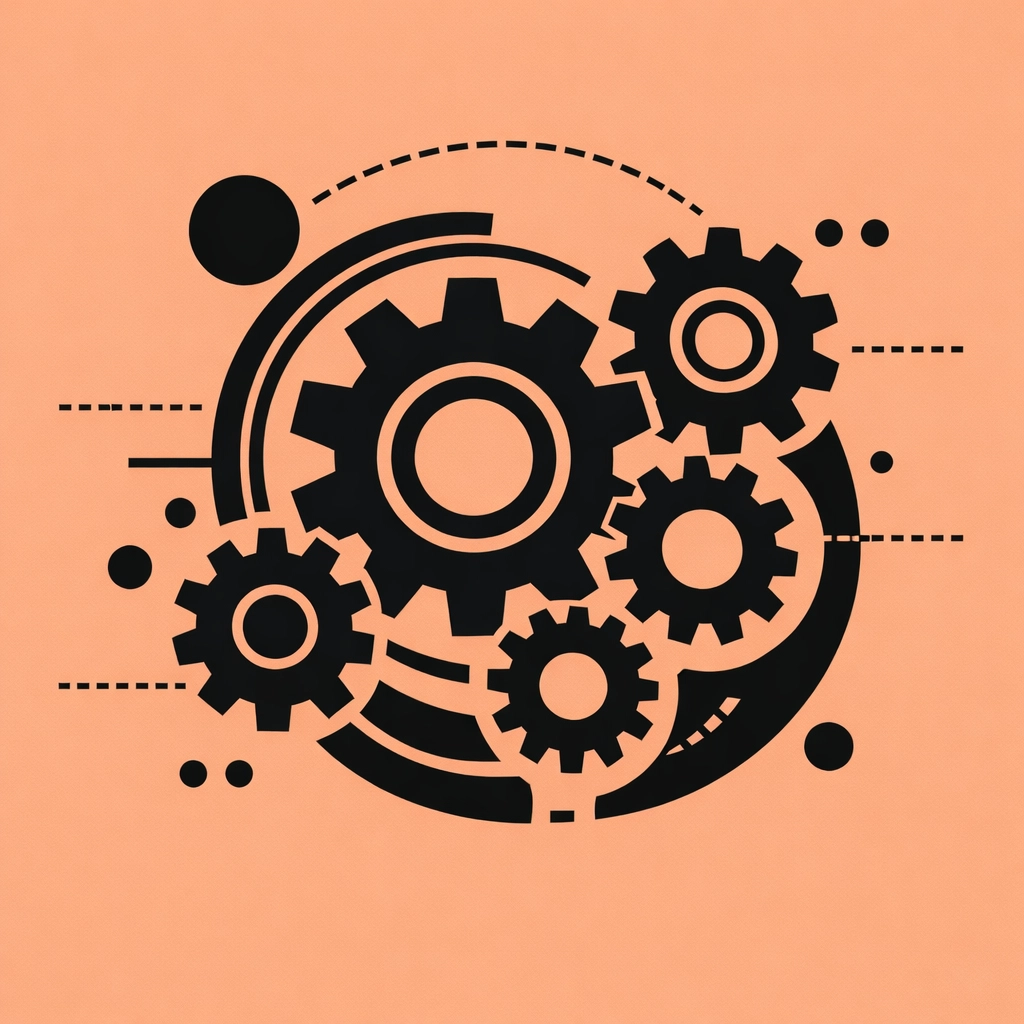 Interlocking geometric gears representing a synchronized TikTok Shop agency growth engine for scaling affiliate sales.