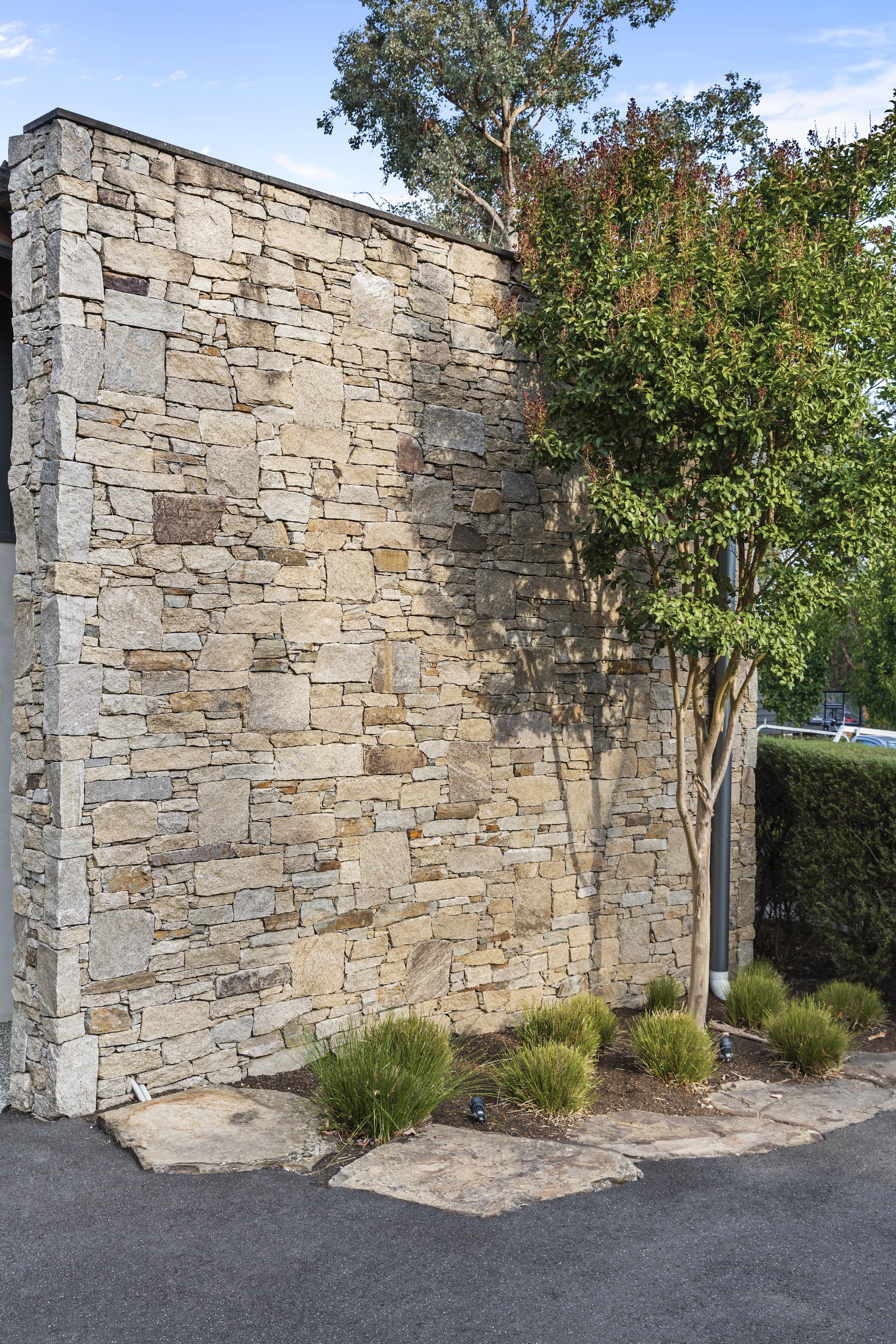Stone wall beside a small garden with a leafy tree and ornamental grasses on a paved surface.