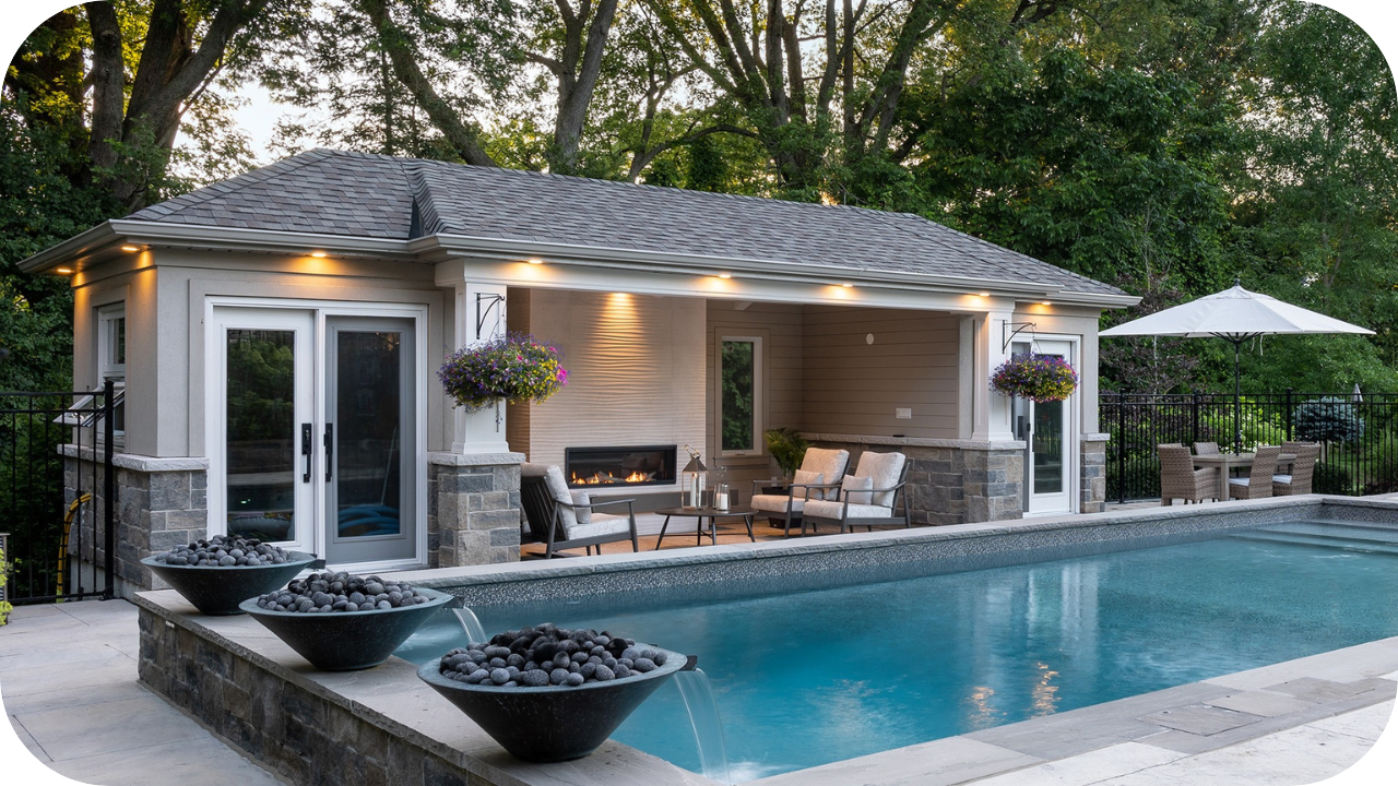 A poolside cabana at twilight with a covered, furnished patio and fireplace, next to a swimming pool with decorative water features.