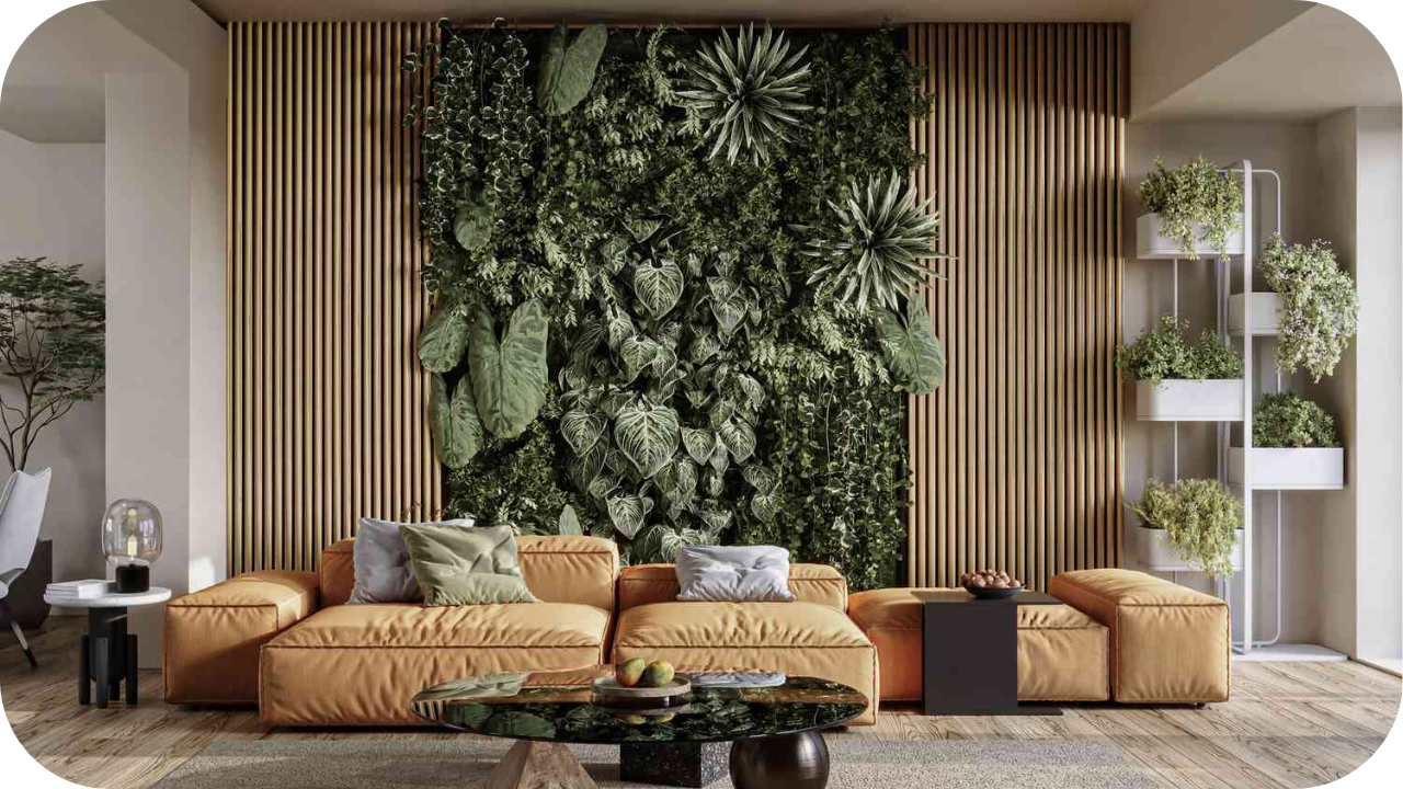 Modern living room with tan sofa, wooden accents, and a lush green vertical garden wall showcasing sustainable interior design.