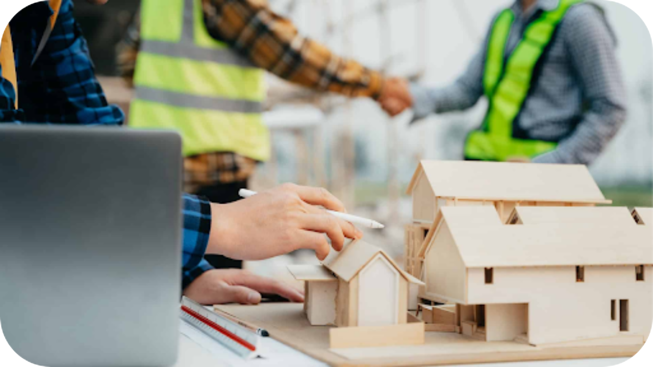 Construction professionals reviewing a wooden house model beside a laptop, with two workers in reflective vests shaking hands in the background.