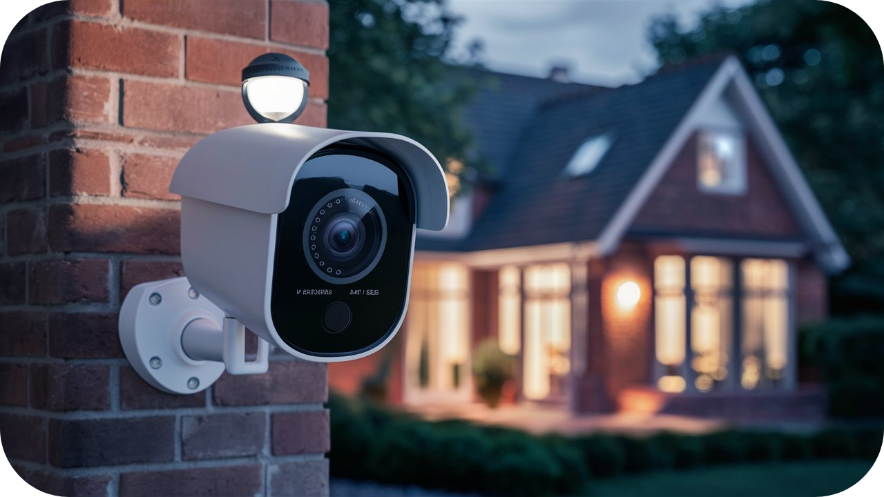 A modern outdoor security camera with a motion light mounted on a brick wall, overlooking a well-lit suburban home at dusk.