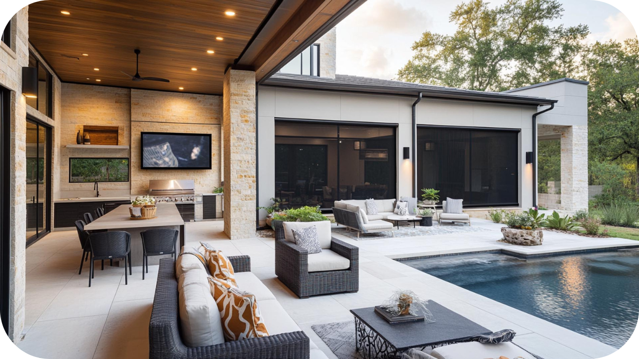  A stylish outdoor living area with a covered kitchen, dining table, lounge seating, and a swimming pool, designed for modern entertaining.