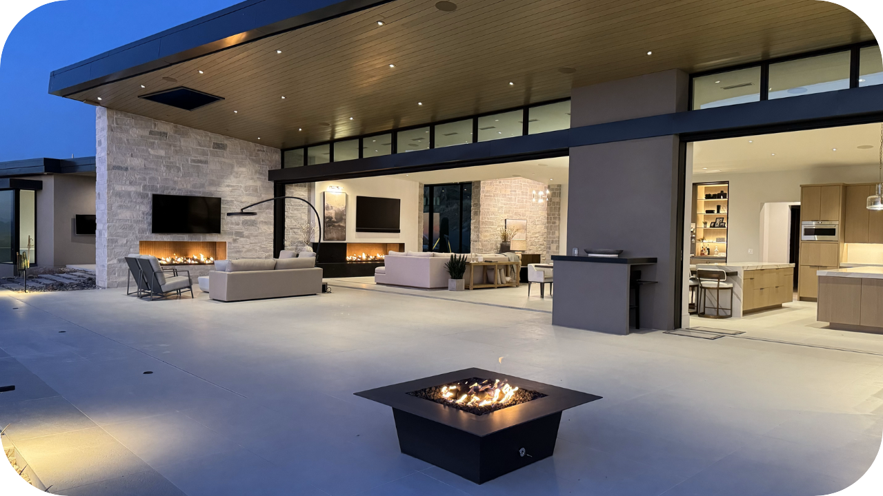Modern smart home with open outdoor living area, fire pit, and automated lighting for stylish energy-efficient living.